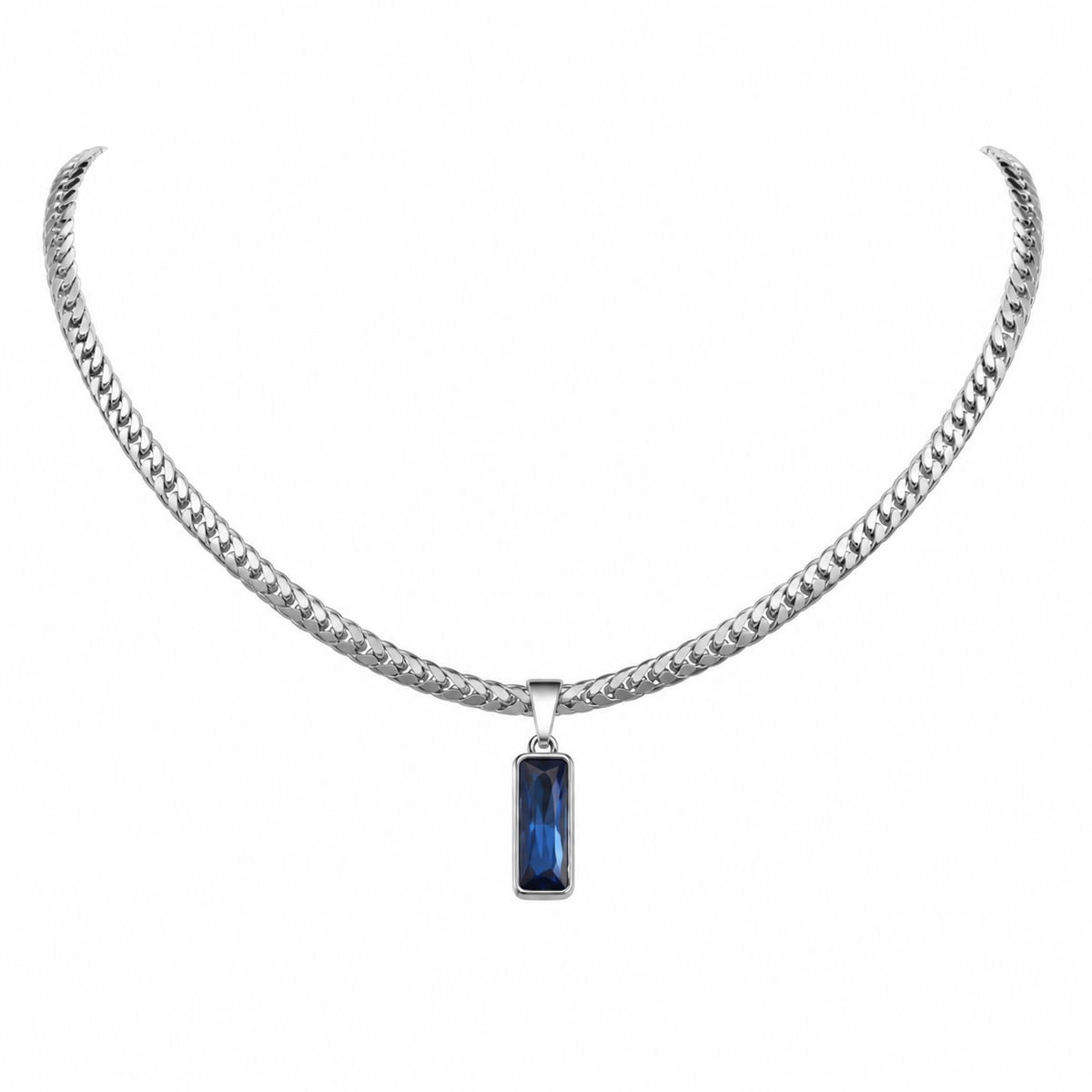 Cadena Nox Abyssus: cadena de eslabón fino en acero con colgante rectangular de cristal azul facetado — Dominus