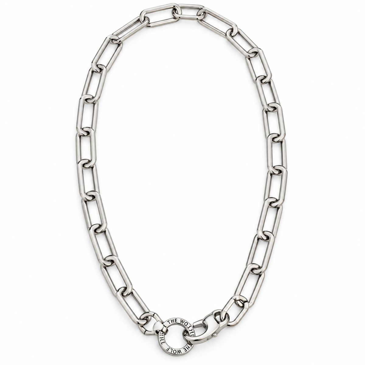 Cadena Forzada de acero inoxidable para hombre, eslabones alargados y argolla grabada The Wolf — Dominus