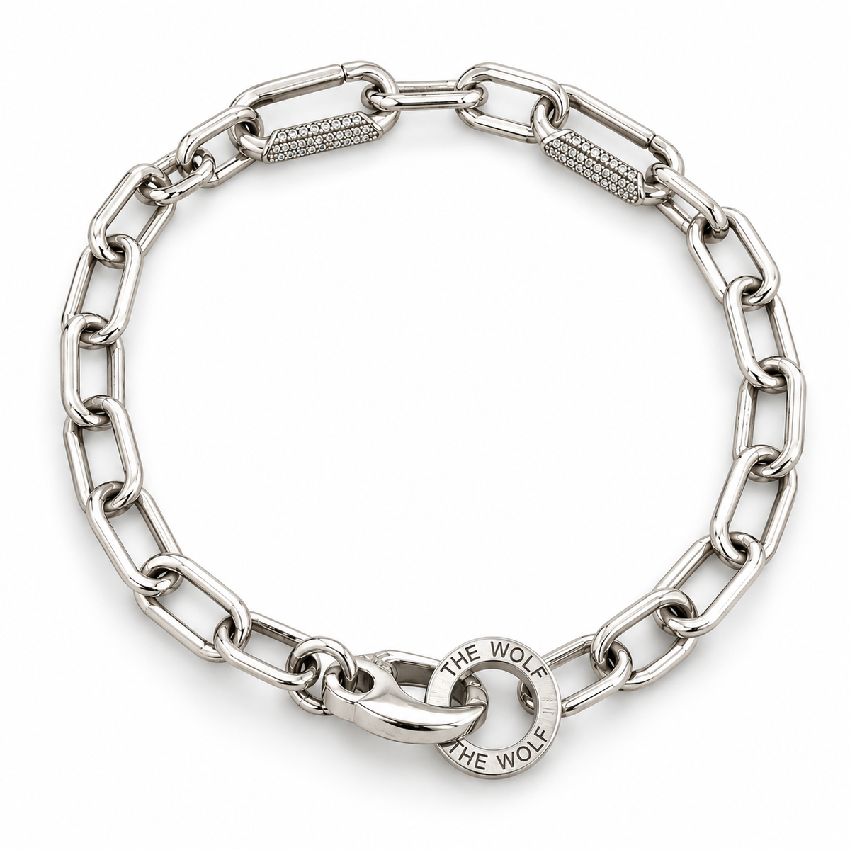 Pulsera Argentus Cristal de plata 925 con eslabones alargados y barras de cristales, broche de acero 316 y argolla grabada The Wolf — Dominus